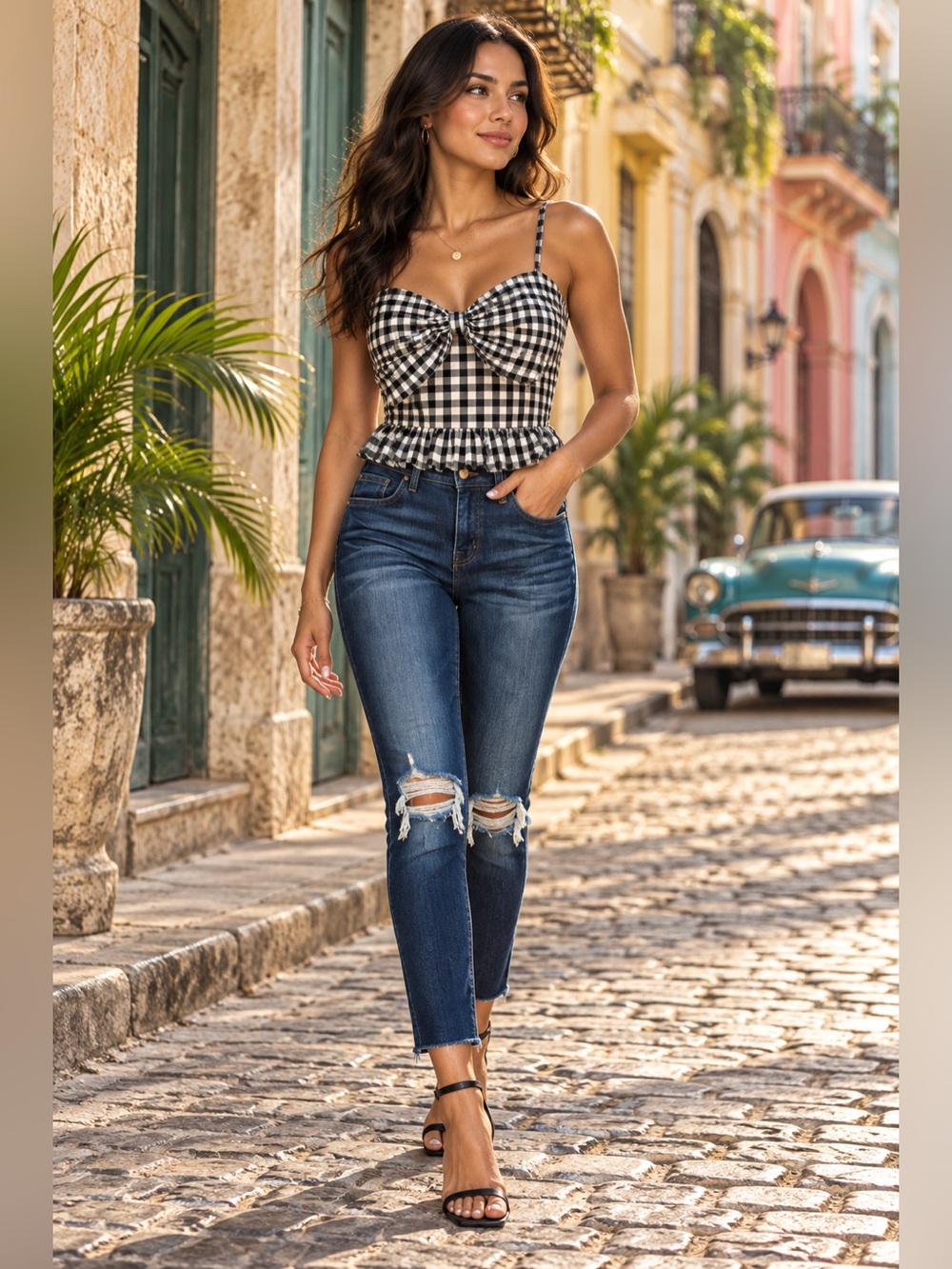 Petal & Pup Black & White Gingham Tie-Front Crop Top